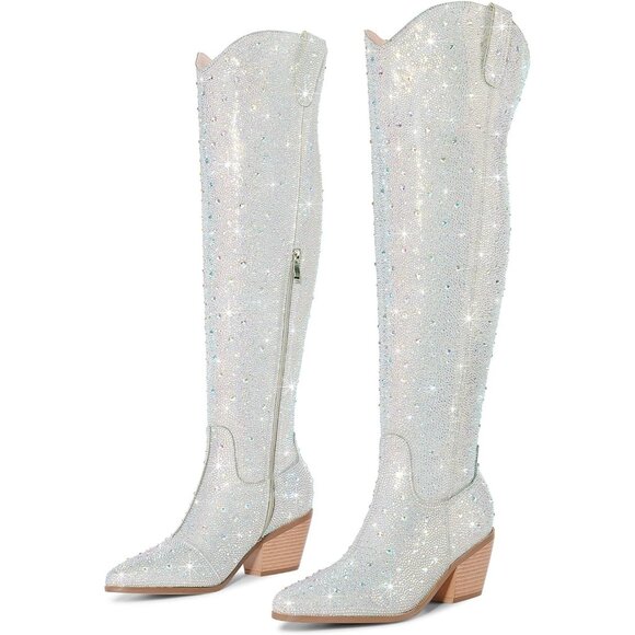 Women Multicolor Faux Leather Sparkly Bling Rhinestone Over the Knee Cowboy Boot - Picture 2 of 9